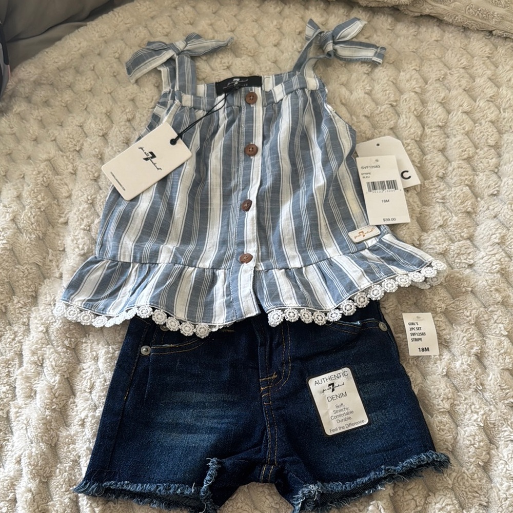 Blue Striped Top and Denim Shorts Set